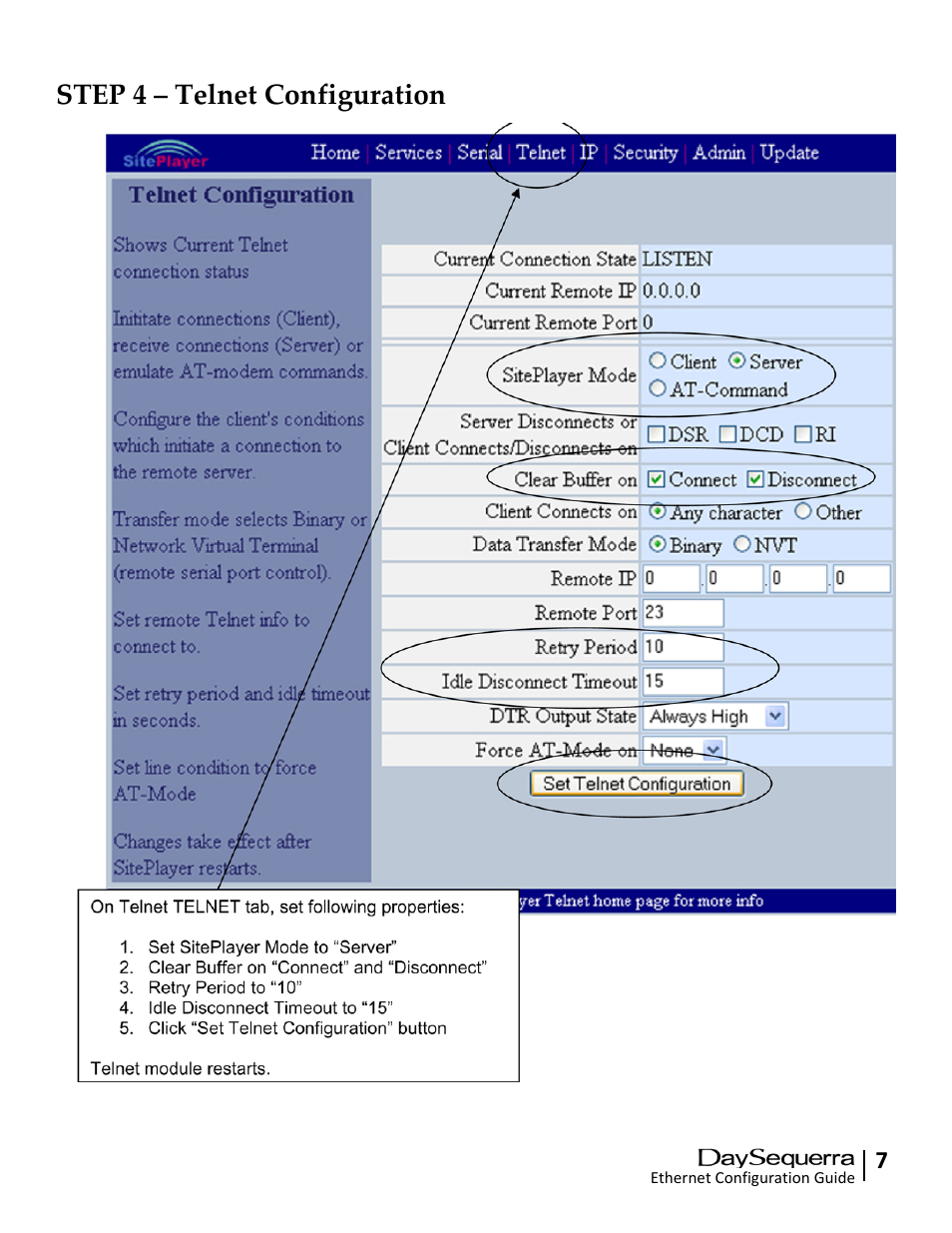 Step 4 – telnet configuration | DaySequerra Remote Dashboard User Manual | Page 7 / 12