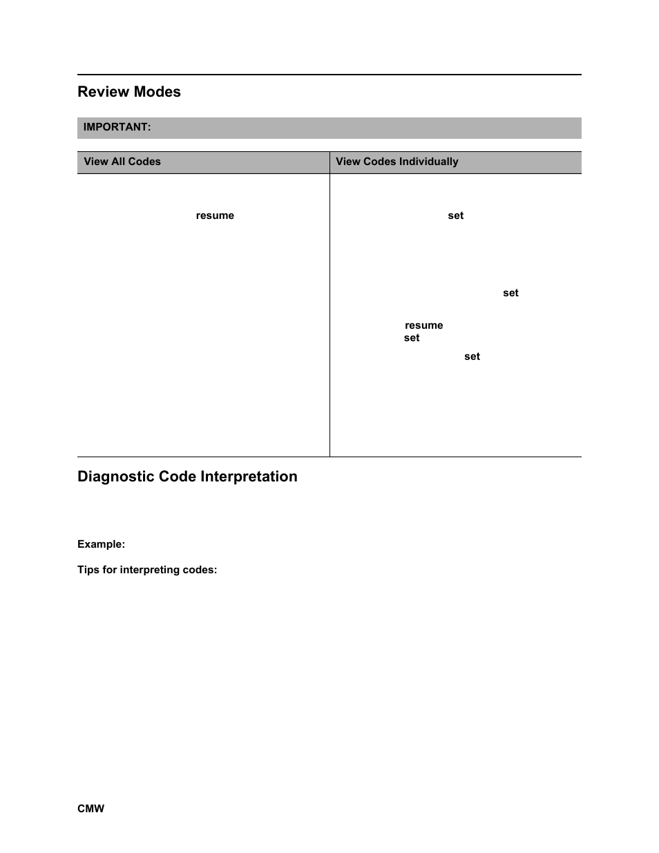 Review modes, Diagnostic code interpretation, Review modes diagnostic code interpretation | Ditch Witch JT2020 User Manual | Page 149 / 203