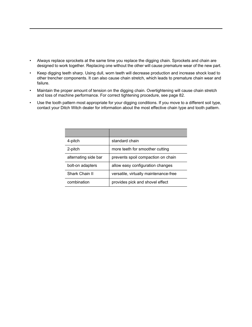 Chain, teeth, and sprockets, Chain and tooth maintenance, Chain types | Rt30 operator’s manual | Ditch Witch RT30 User Manual | Page 59 / 97