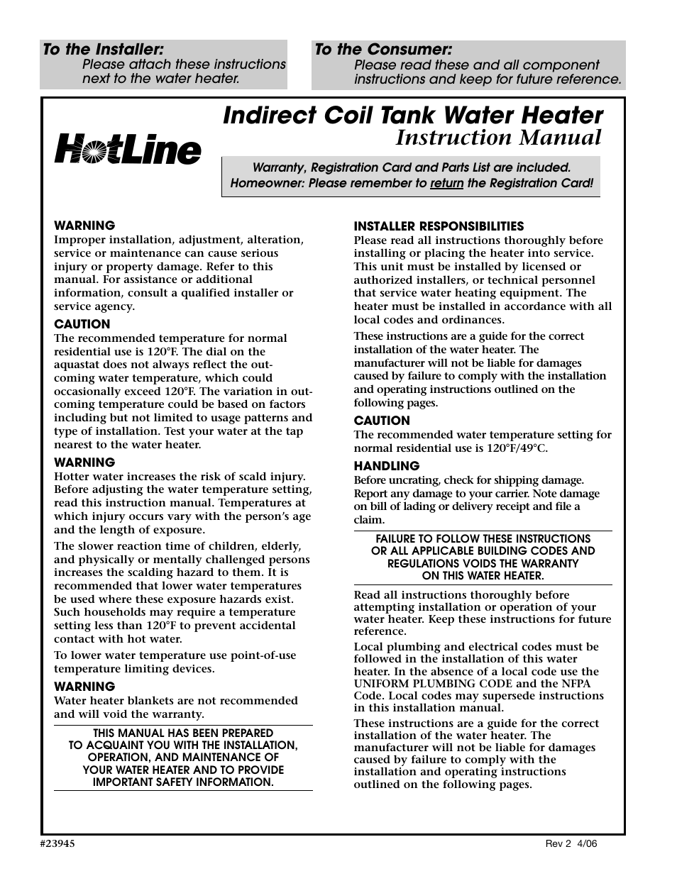 Indirect coil tank water heater, Instruction manual | Dunkirk Hotline Indirect Water Heater User Manual | Page 2 / 16