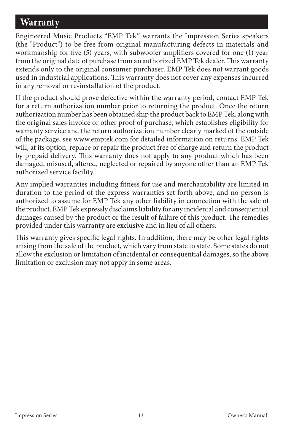 Warranty | EMP Tek Impression Series Speakers User Manual | Page 15 / 16
