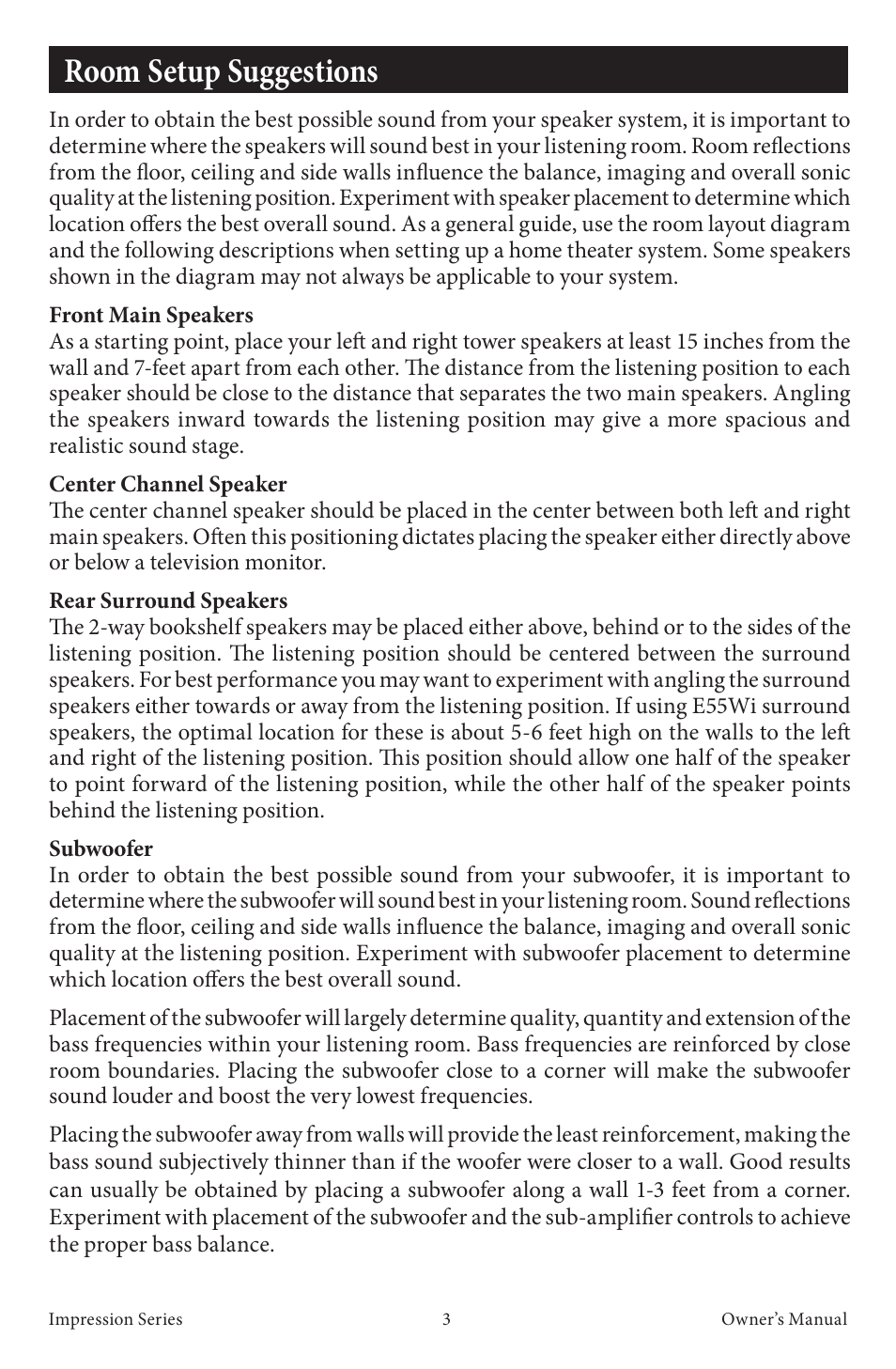 Room setup suggestions | EMP Tek Impression Series Speakers User Manual | Page 5 / 16