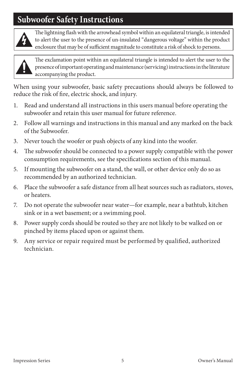 Subwoofer safety instructions | EMP Tek Impression Series Speakers User Manual | Page 7 / 16