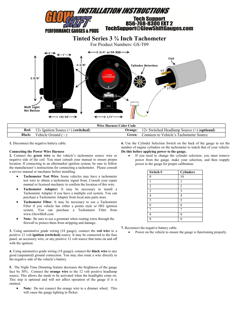 GlowShift 3 3/4 Tachometer Gauge User Manual | 2 pages