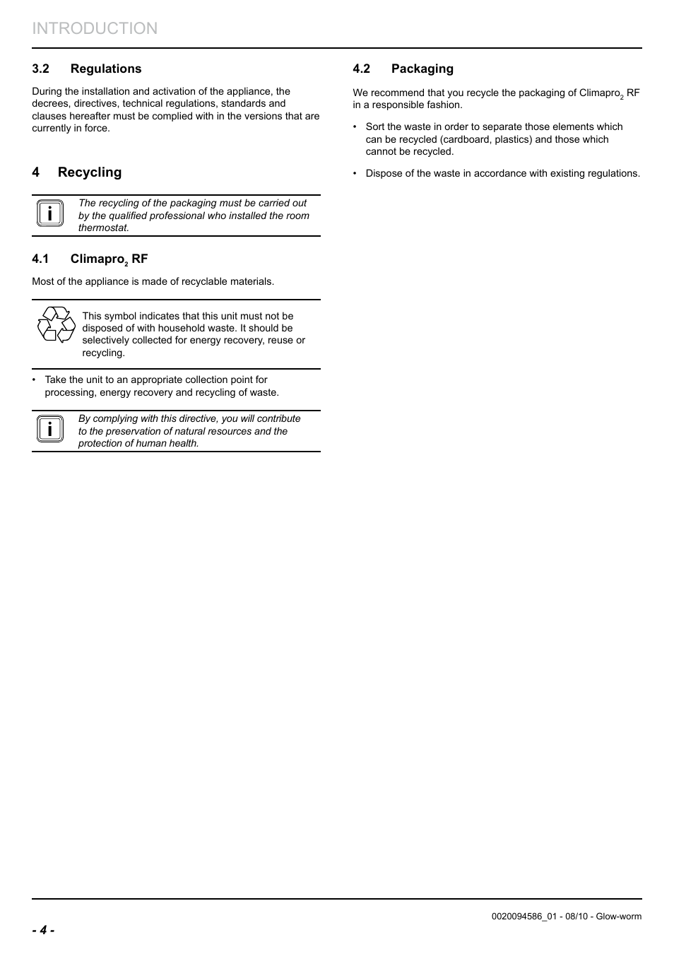 Introduction, 4 recycling | Glow-worm Climapro2 RF User Manual | Page 6 / 24