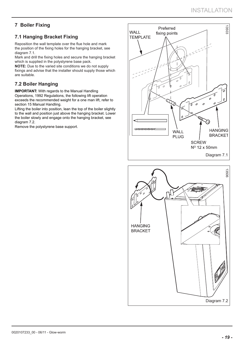 Installation, 7 boiler fixing 7.1 hanging bracket fixing, 2 boiler hanging | Glow-worm Ultracom hxi User Manual | Page 19 / 48