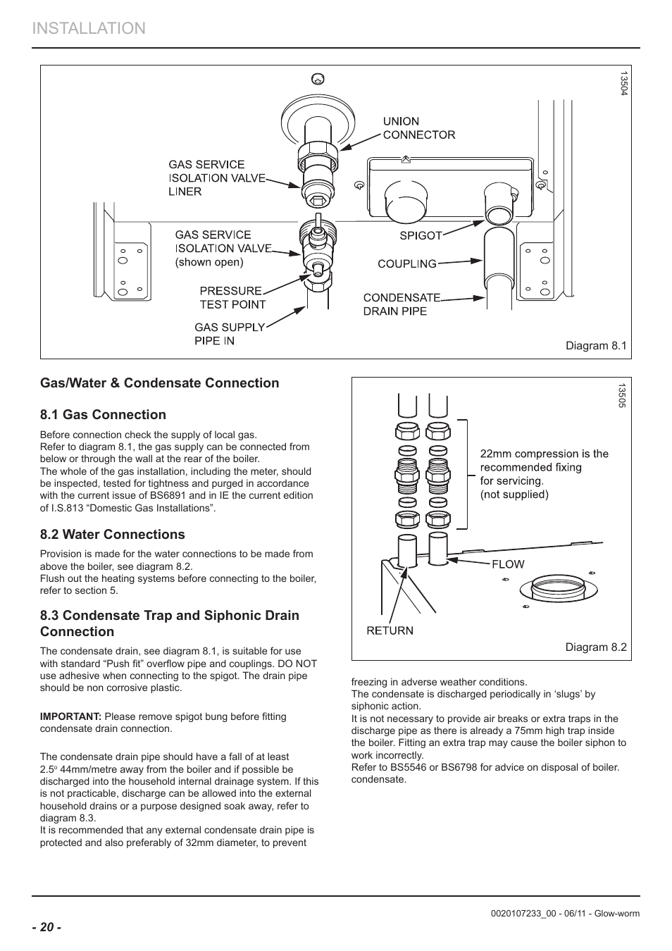 Installation, 2 water connections, 3 condensate trap and siphonic drain connection | Glow-worm Ultracom hxi User Manual | Page 20 / 48