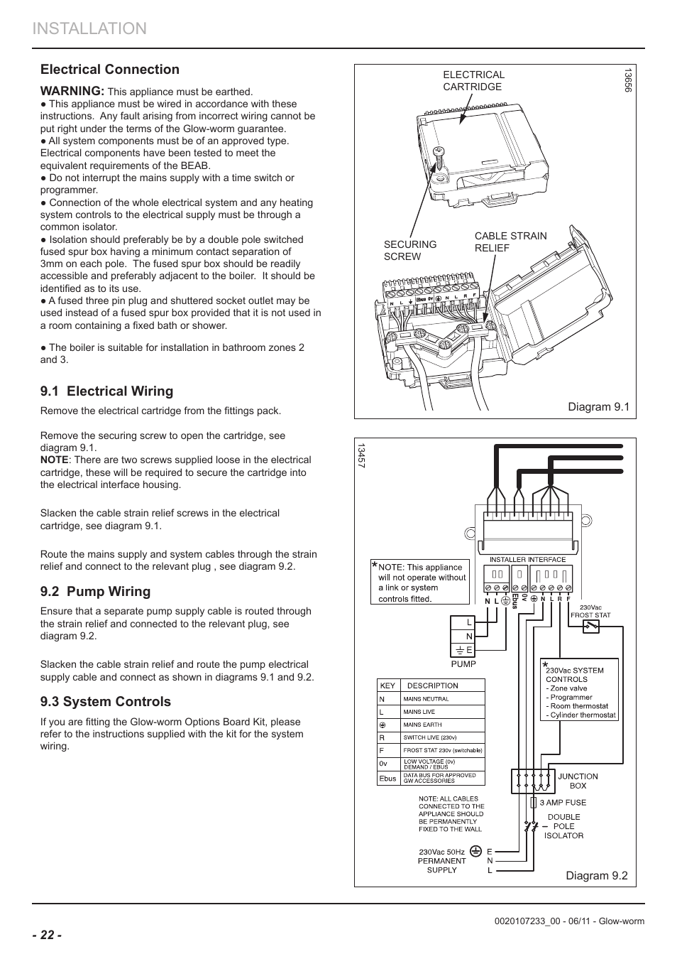 Installation, Electrical connection, 1 electrical wiring | 2 pump wiring, 3 system controls | Glow-worm Ultracom hxi User Manual | Page 22 / 48