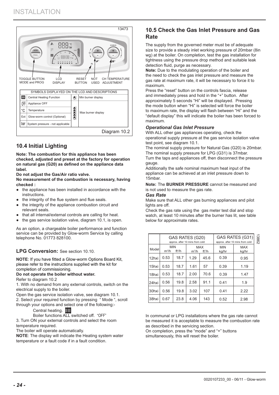 Installation, 4 initial lighting, 5 check the gas inlet pressure and gas rate | Lpg conversion | Glow-worm Ultracom hxi User Manual | Page 24 / 48