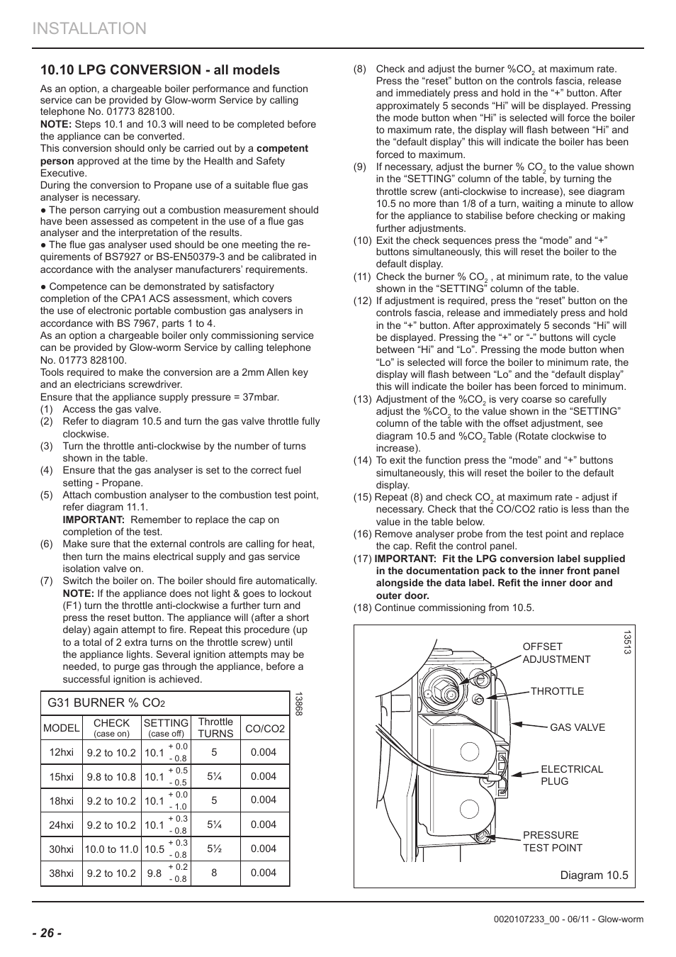 Installation, 10 lpg conversion - all models | Glow-worm Ultracom hxi User Manual | Page 26 / 48