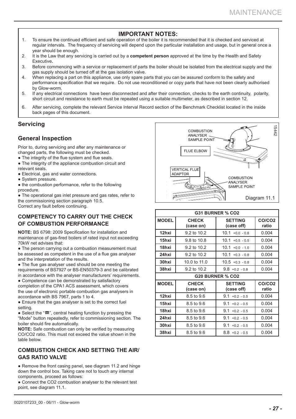 Maintenance, Servicing general inspection | Glow-worm Ultracom hxi User Manual | Page 27 / 48