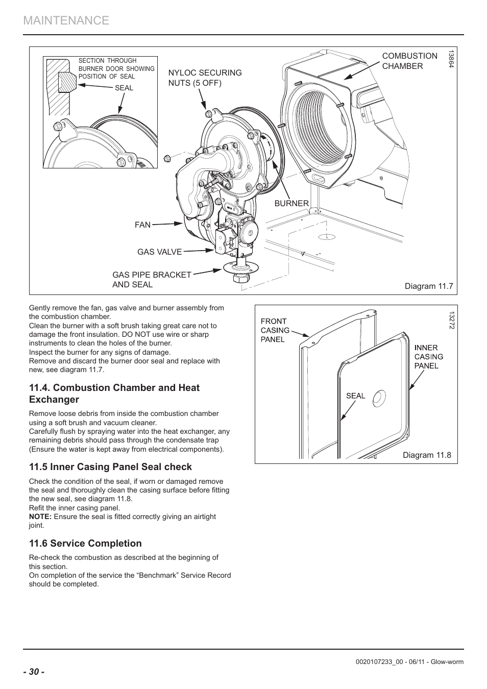 Maintenance, Combustion chamber and heat exchanger, 5 inner casing panel seal check | 6 service completion | Glow-worm Ultracom hxi User Manual | Page 30 / 48