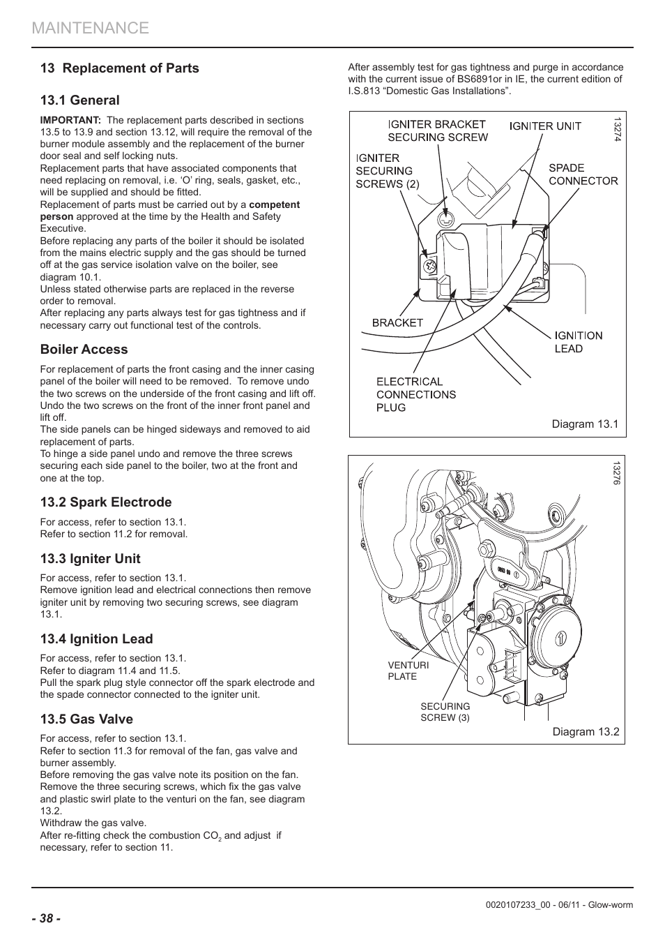 Maintenance, Boiler access, 2 spark electrode | 3 igniter unit, 4 ignition lead, 5 gas valve | Glow-worm Ultracom hxi User Manual | Page 38 / 48