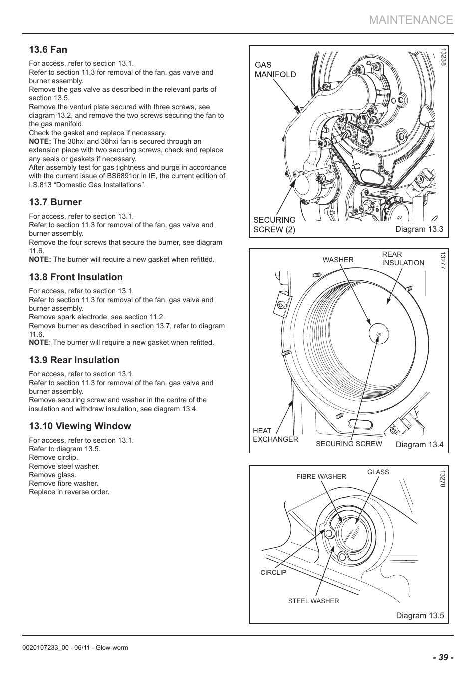 Maintenance, 6 fan, 7 burner | 8 front insulation, 9 rear insulation, 10 viewing window | Glow-worm Ultracom hxi User Manual | Page 39 / 48