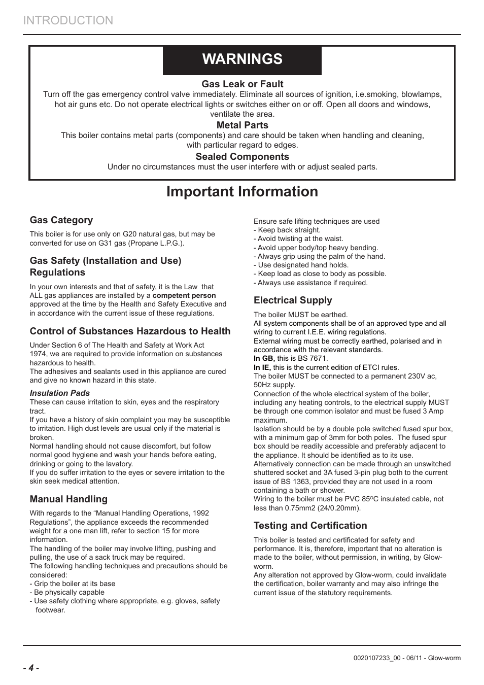 Warnings, Important information, Introduction | Gas category, Gas safety (installation and use) regulations, Control of substances hazardous to health, Manual handling, Electrical supply, Testing and certification, Gas leak or fault | Glow-worm Ultracom hxi User Manual | Page 4 / 48