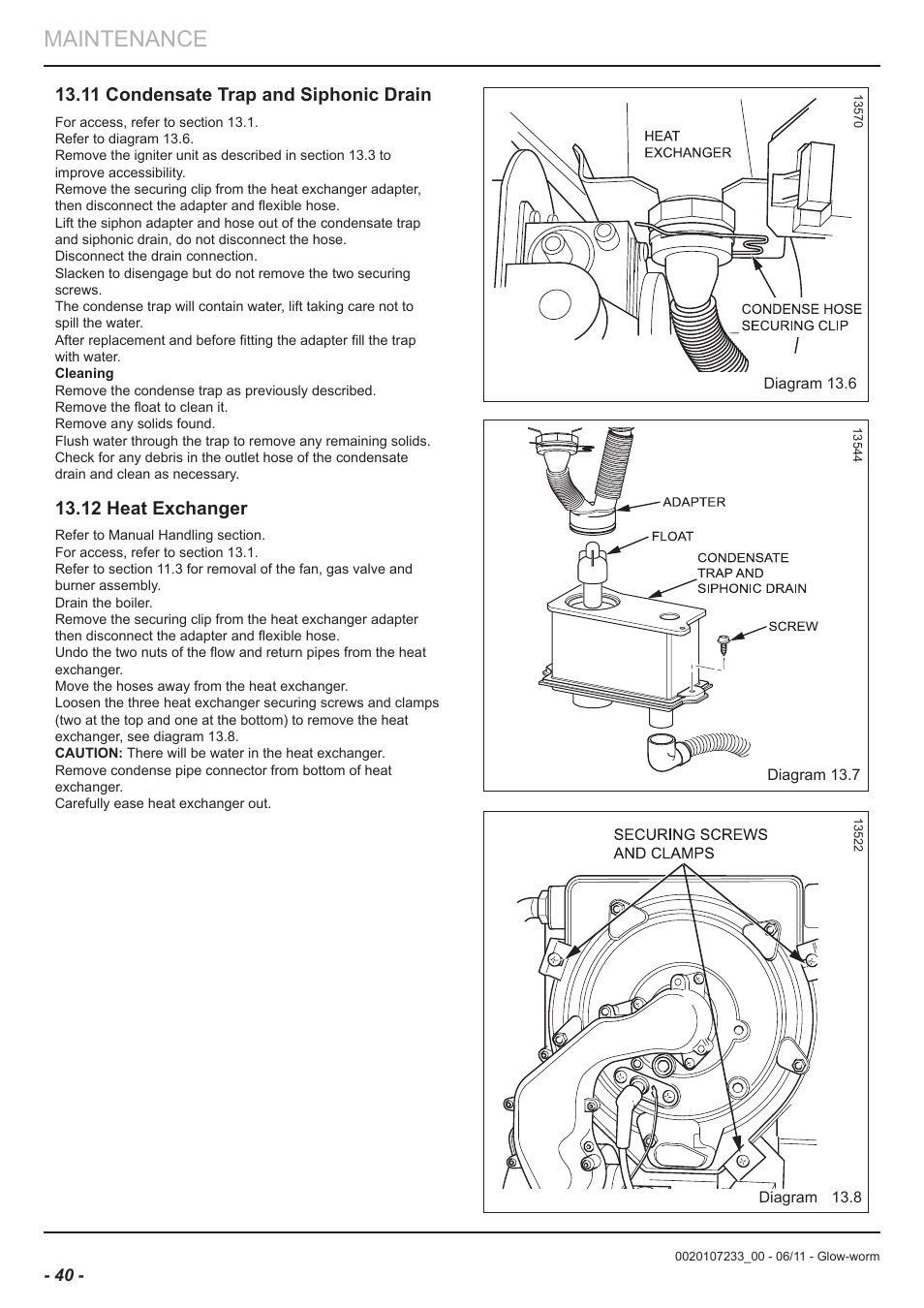 Maintenance, 11 condensate trap and siphonic drain, 12 heat exchanger | Glow-worm Ultracom hxi User Manual | Page 40 / 48