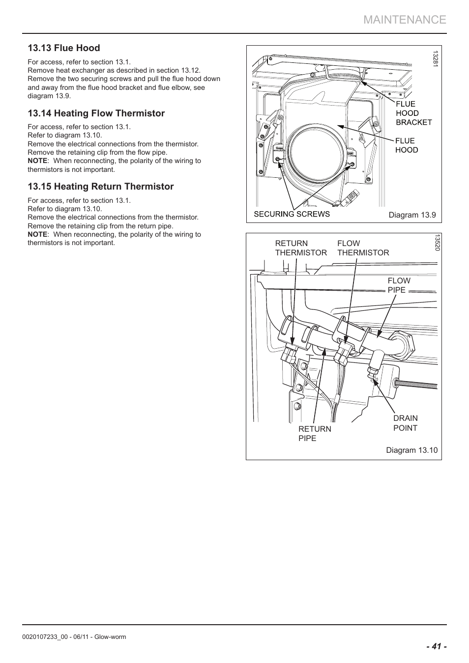 Maintenance, 13 flue hood, 14 heating flow thermistor | 15 heating return thermistor | Glow-worm Ultracom hxi User Manual | Page 41 / 48