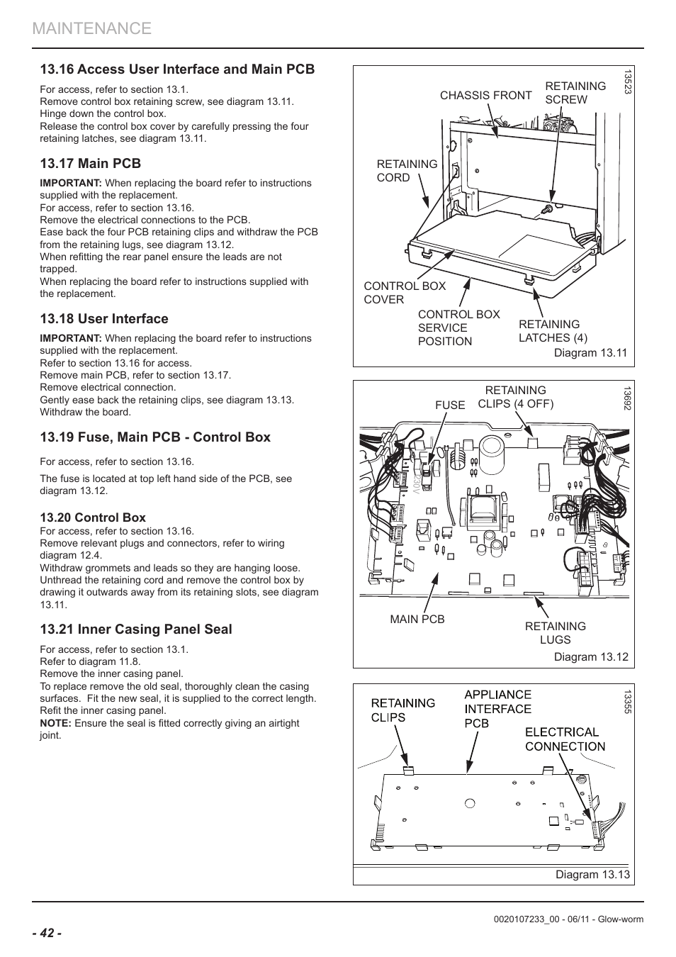 Maintenance, 16 access user interface and main pcb, 17 main pcb | 18 user interface, 19 fuse, main pcb - control box, 21 inner casing panel seal | Glow-worm Ultracom hxi User Manual | Page 42 / 48