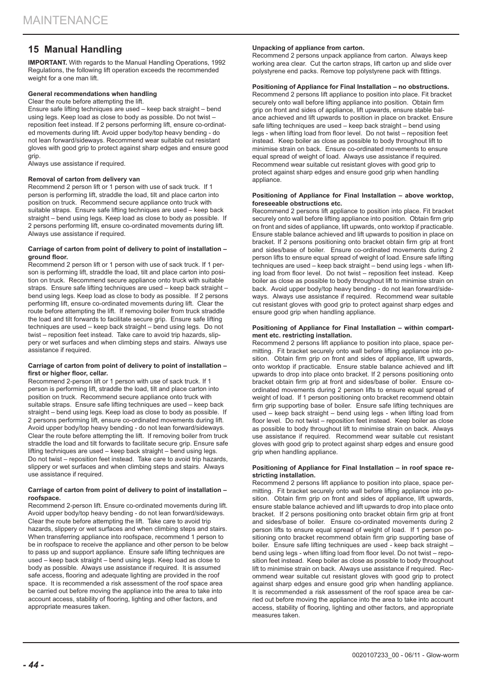 Maintenance, 15 manual handling | Glow-worm Ultracom hxi User Manual | Page 44 / 48
