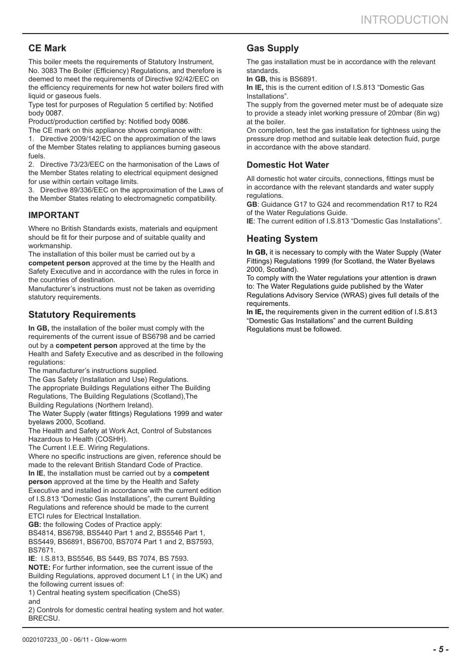 Introduction, Ce mark, Statutory requirements | Gas supply, Heating system | Glow-worm Ultracom hxi User Manual | Page 5 / 48