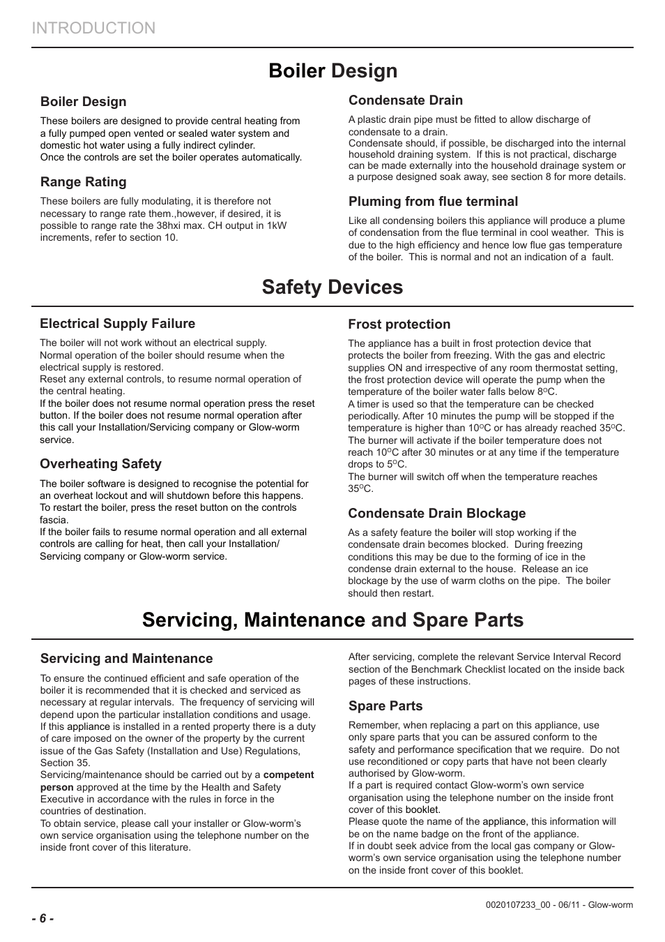 Boiler design, Safety devices, Servicing, maintenance and spare parts | Introduction, Range rating, Electrical supply failure, Overheating safety, Frost protection, Condensate drain blockage, Condensate drain | Glow-worm Ultracom hxi User Manual | Page 6 / 48