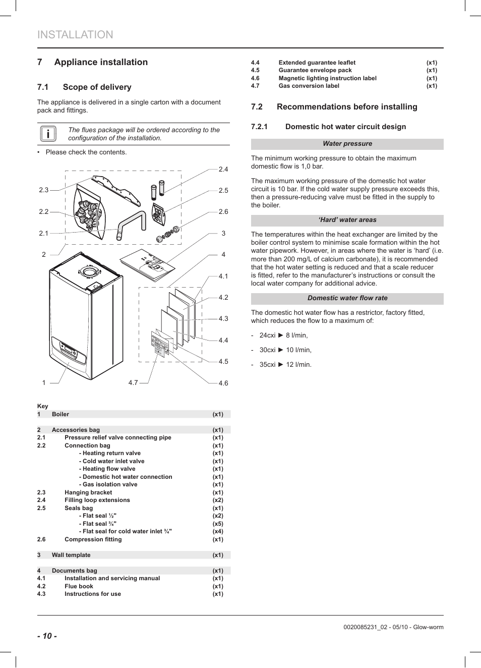 Installation, 7 appliance installation, 1 scope of delivery | 2 recommendations before installing | Glow-worm Ultracom2 cxi User Manual | Page 12 / 64