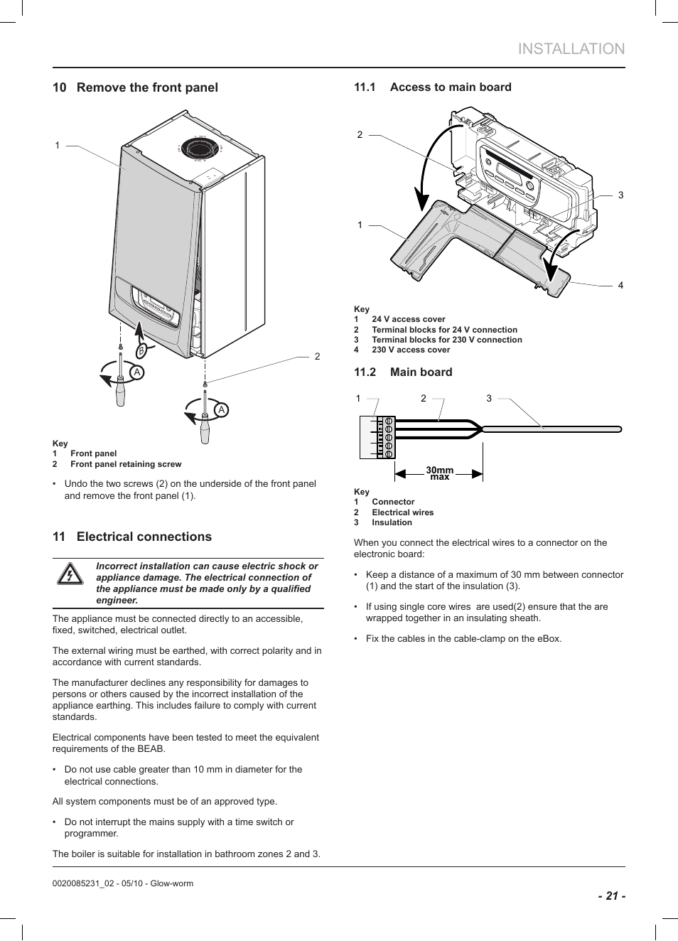 Installation, 10 remove the front panel, 11 electrical connections | Glow-worm Ultracom2 cxi User Manual | Page 23 / 64