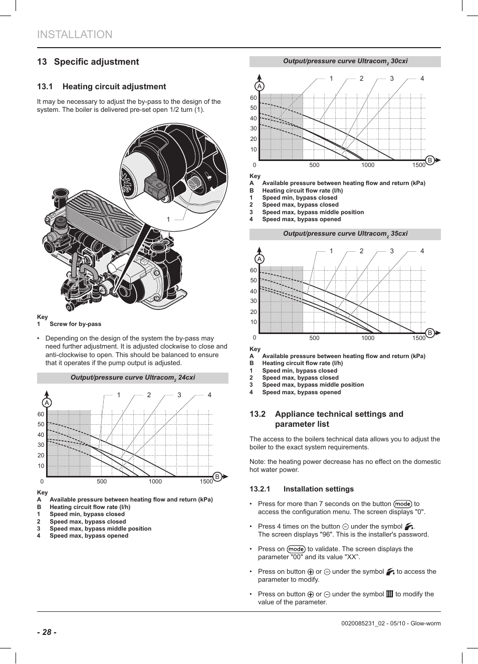 Installation, 13 specific adjustment, 1 heating circuit adjustment | 2 appliance technical settings and parameter list | Glow-worm Ultracom2 cxi User Manual | Page 30 / 64