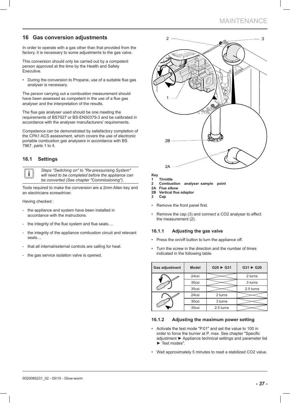 Maintenance, 16 gas conversion adjustments | Glow-worm Ultracom2 cxi User Manual | Page 39 / 64