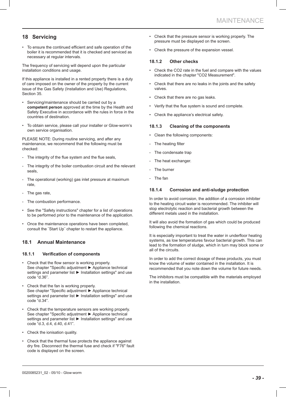 Maintenance, 18 servicing | Glow-worm Ultracom2 cxi User Manual | Page 41 / 64