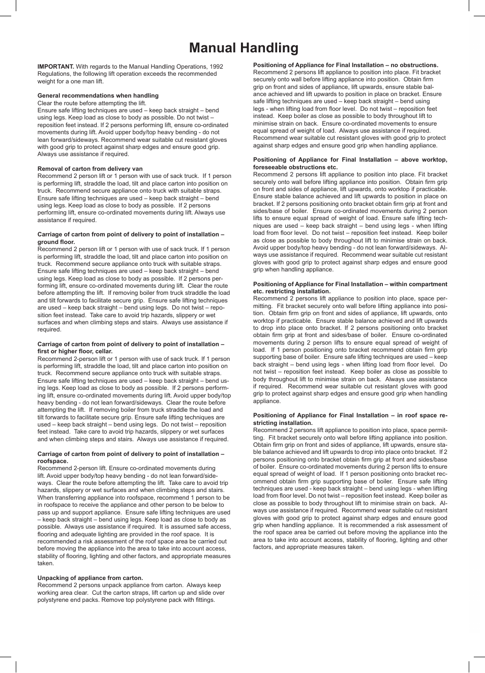 Manual handling | Glow-worm Ultracom2 cxi User Manual | Page 58 / 64