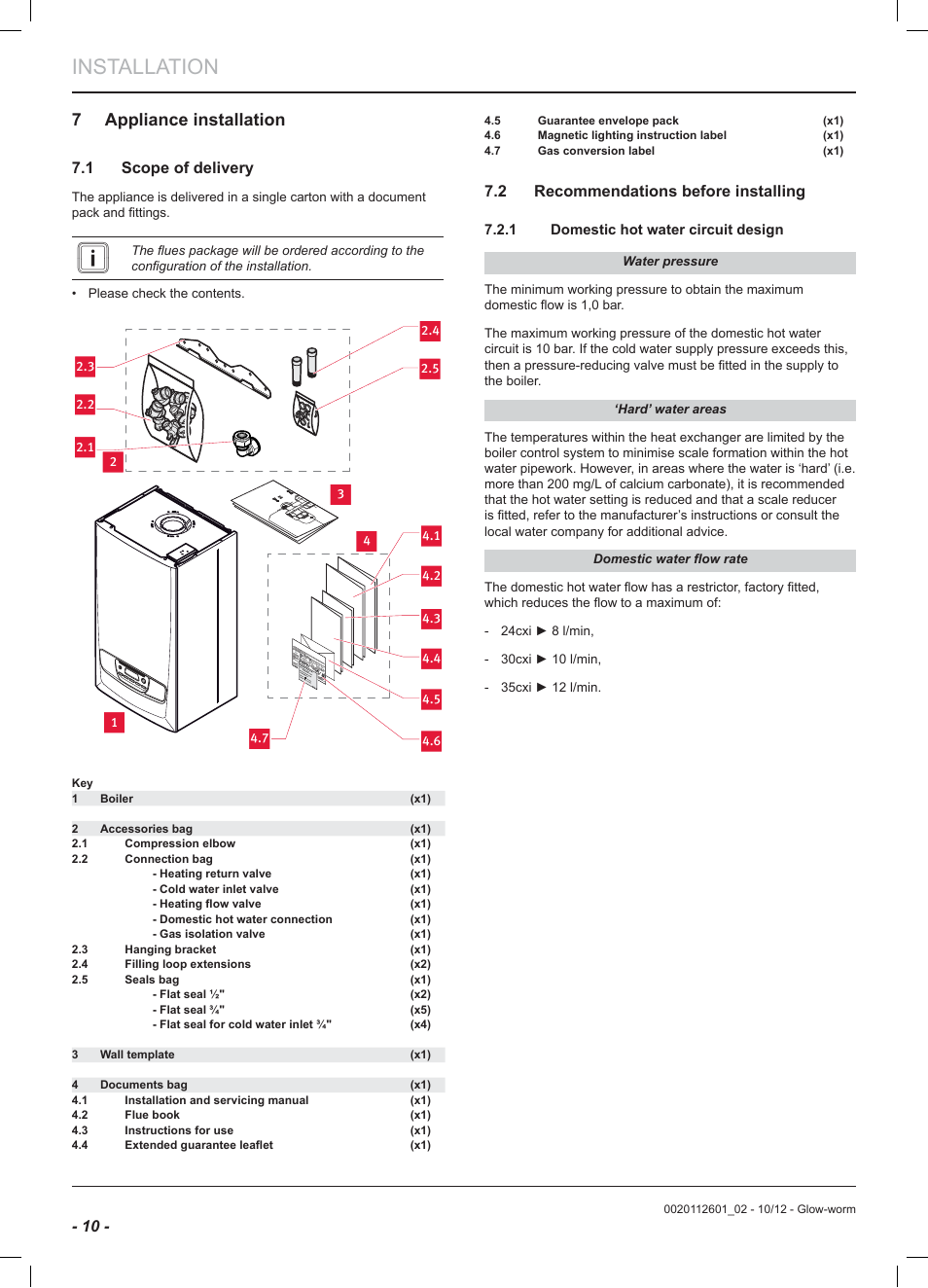 Installation, 7 appliance installation, 1 scope of delivery | 2 recommendations before installing | Glow-worm Ultracom2 cxi User Manual | Page 12 / 68