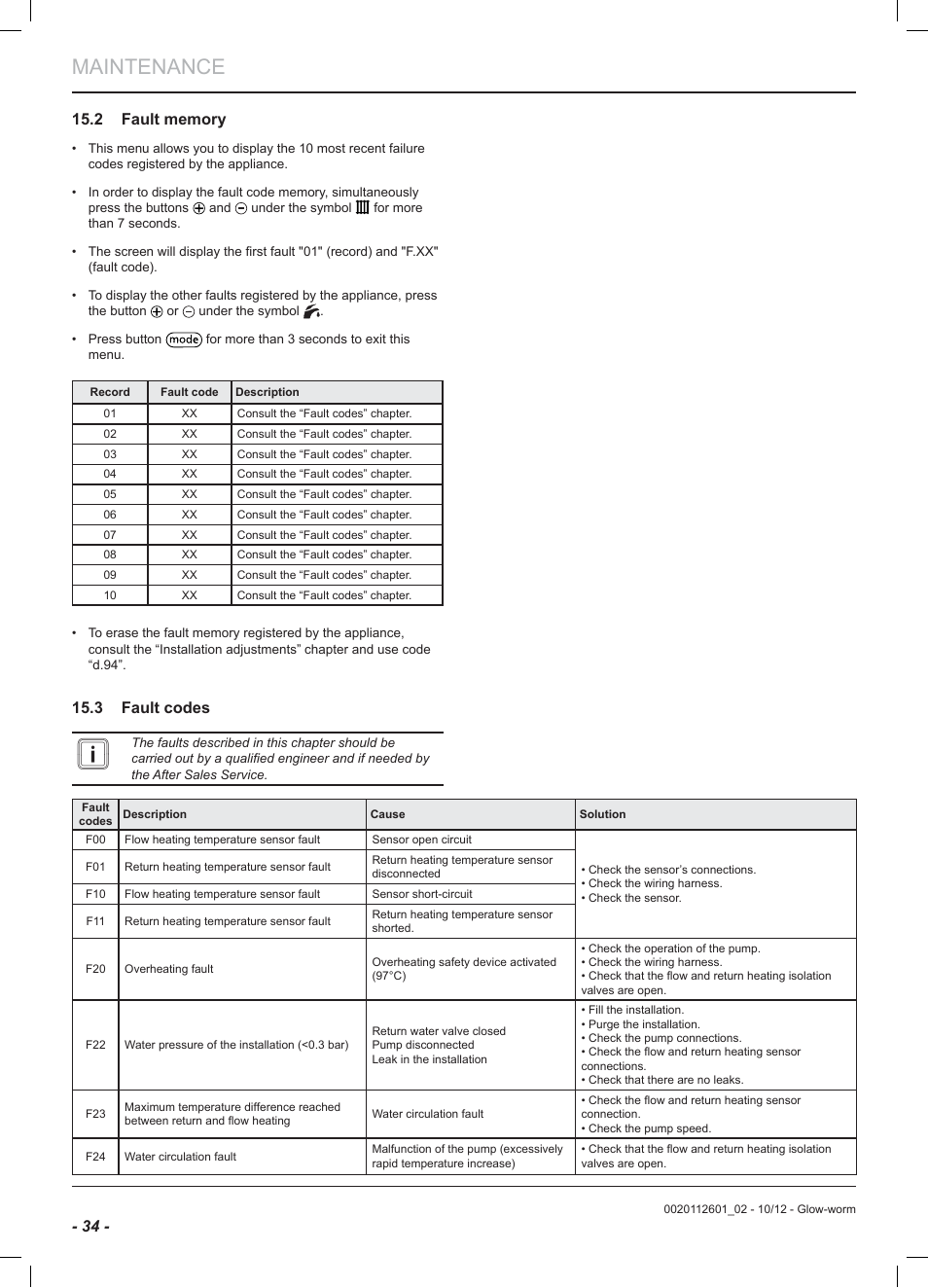 Maintenance, 3 fault codes | Glow-worm Ultracom2 cxi User Manual | Page 36 / 68