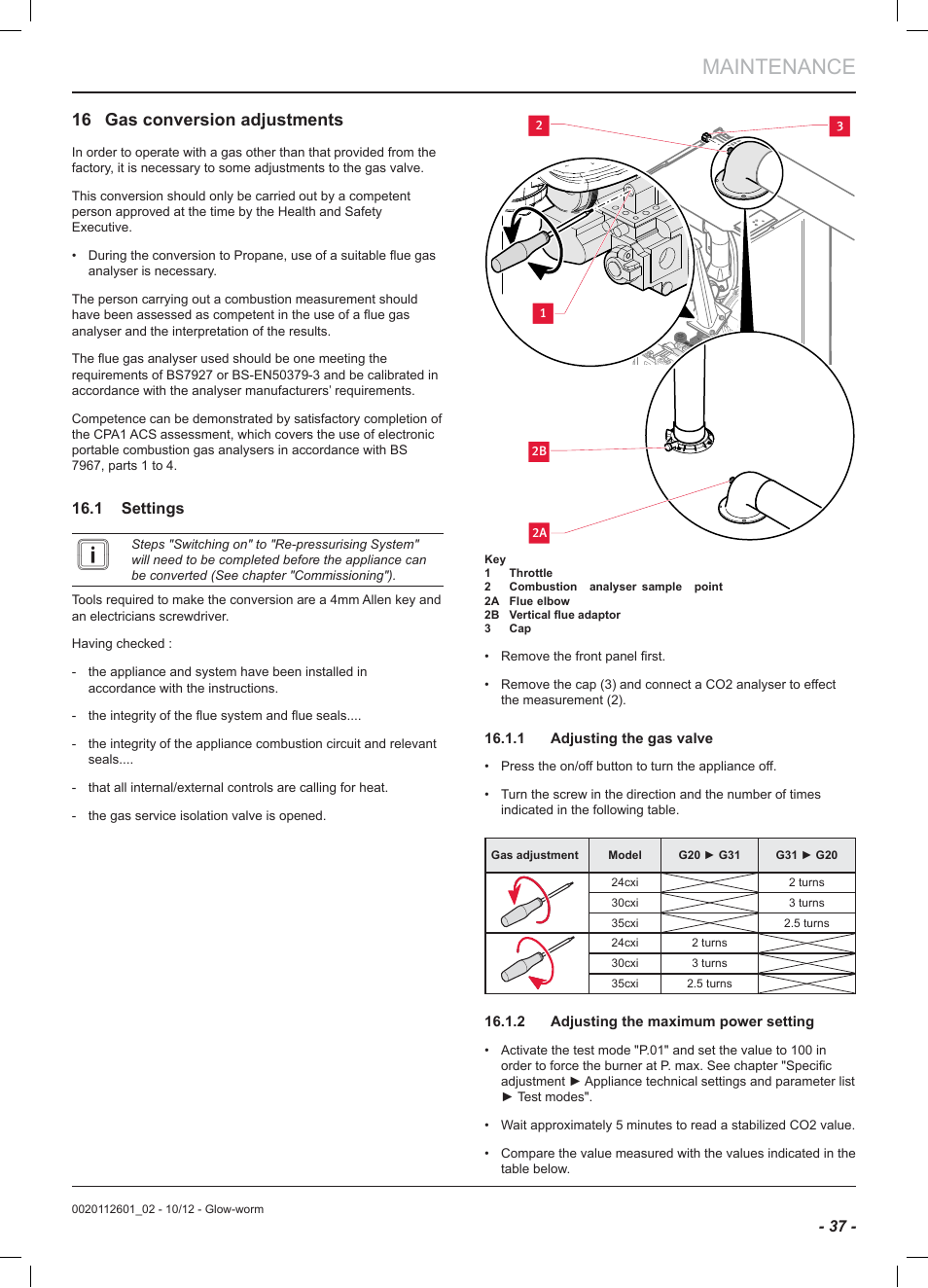 Maintenance, 16 gas conversion adjustments | Glow-worm Ultracom2 cxi User Manual | Page 39 / 68