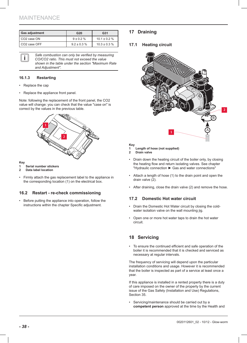 Maintenance, 17 draining, 18 servicing | Glow-worm Ultracom2 cxi User Manual | Page 40 / 68