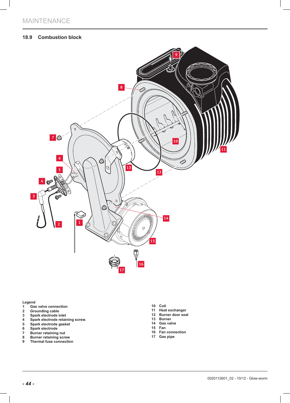 Maintenance, 9 combustion block | Glow-worm Ultracom2 cxi User Manual | Page 46 / 68