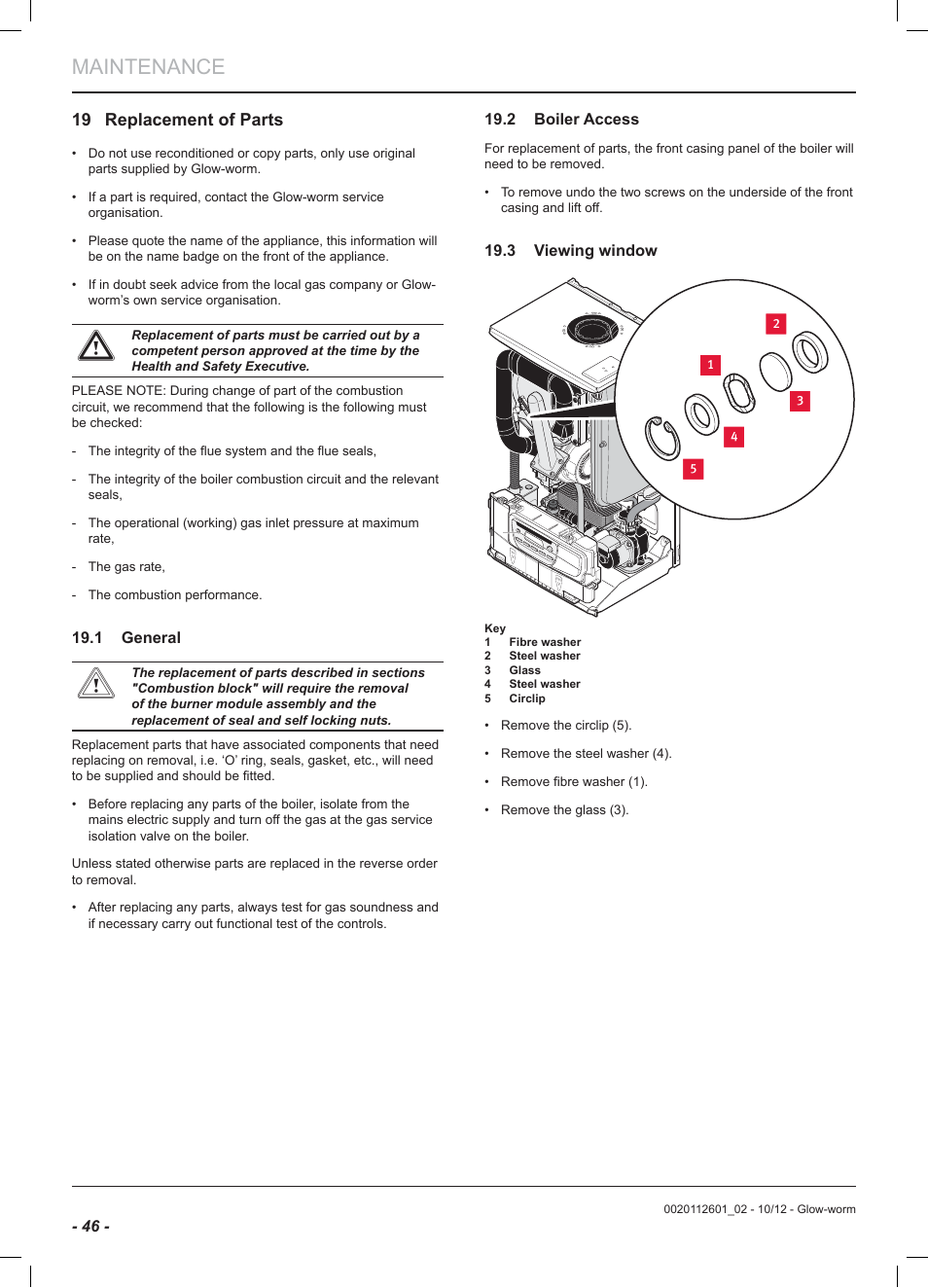 Maintenance, 19 replacement of parts | Glow-worm Ultracom2 cxi User Manual | Page 48 / 68