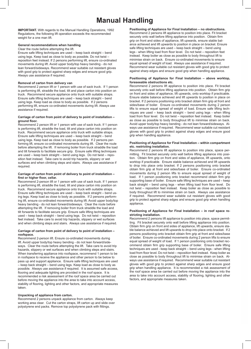 Manual handling | Glow-worm Ultracom2 cxi User Manual | Page 58 / 68