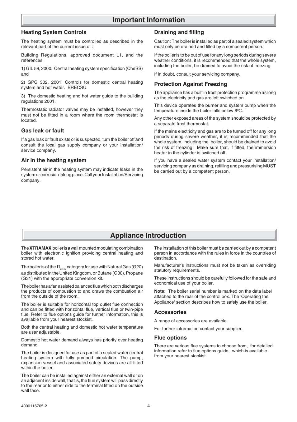 Important information, Appliance introduction | Glow-worm Xtramax User Manual | Page 4 / 44