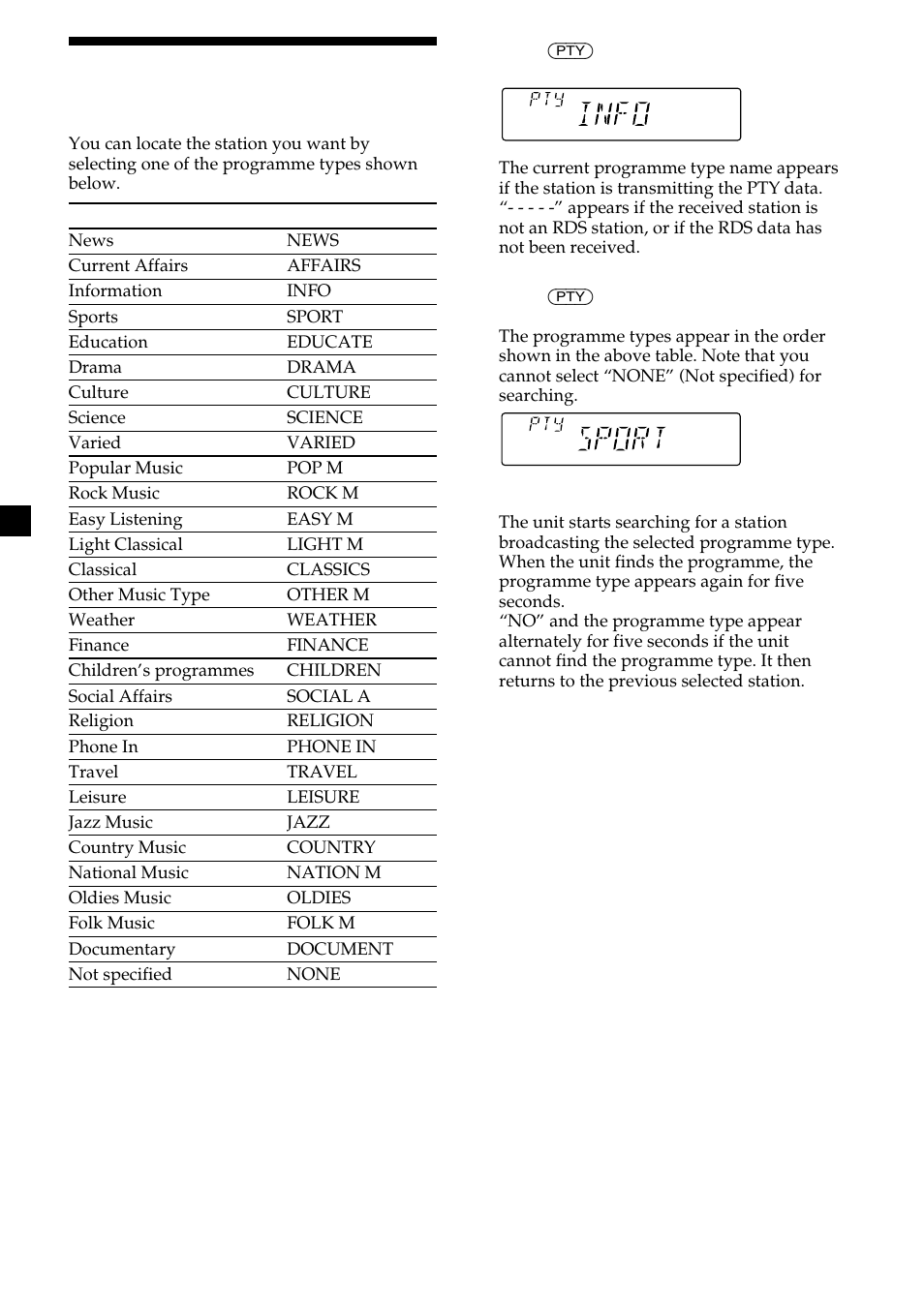 Locating a station by programme type, 14 locating a station by programme type | Sony CDX-2500R User Manual | Page 14 / 120