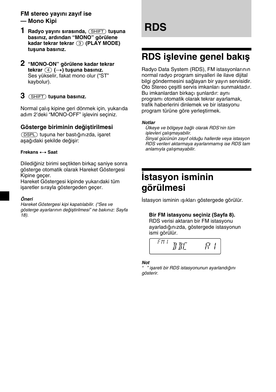 Rds iﬂlevine genel bak›ﬂ, Stasyon isminin görülmesi, Rds işlevine genel bakış | Istasyon isminin görülmesi | Sony CDX-2500R User Manual | Page 82 / 120