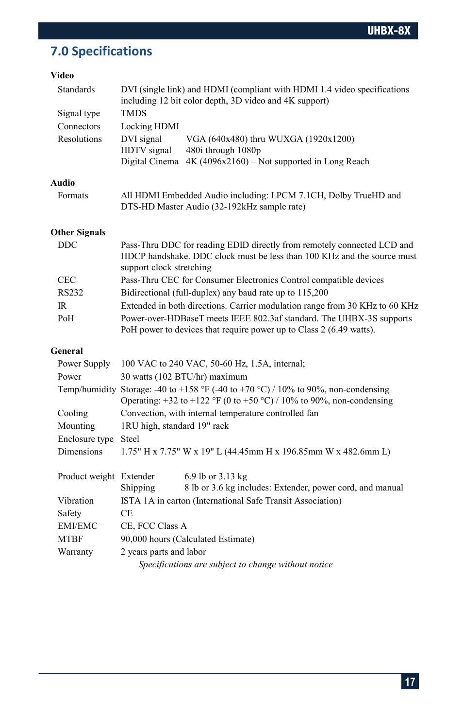 0 specifications, Uhbx-8x 17 | Hall Research UHBX-8X User Manual | Page 17 / 20