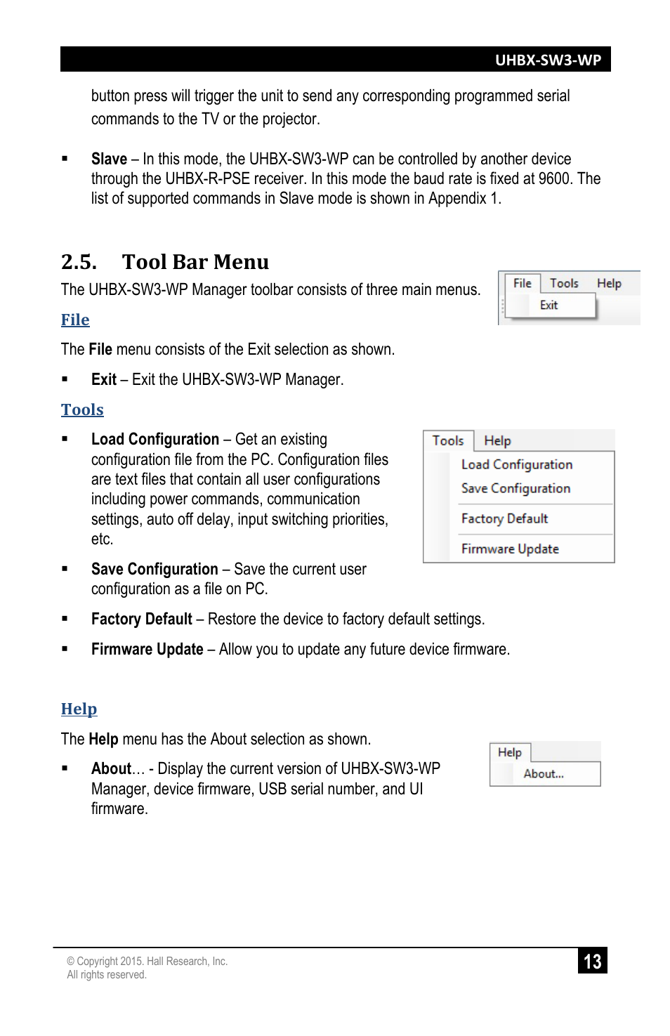 Tool bar menu, Firmware update | Hall Research UHBX-SW3-WP User Manual | Page 15 / 20