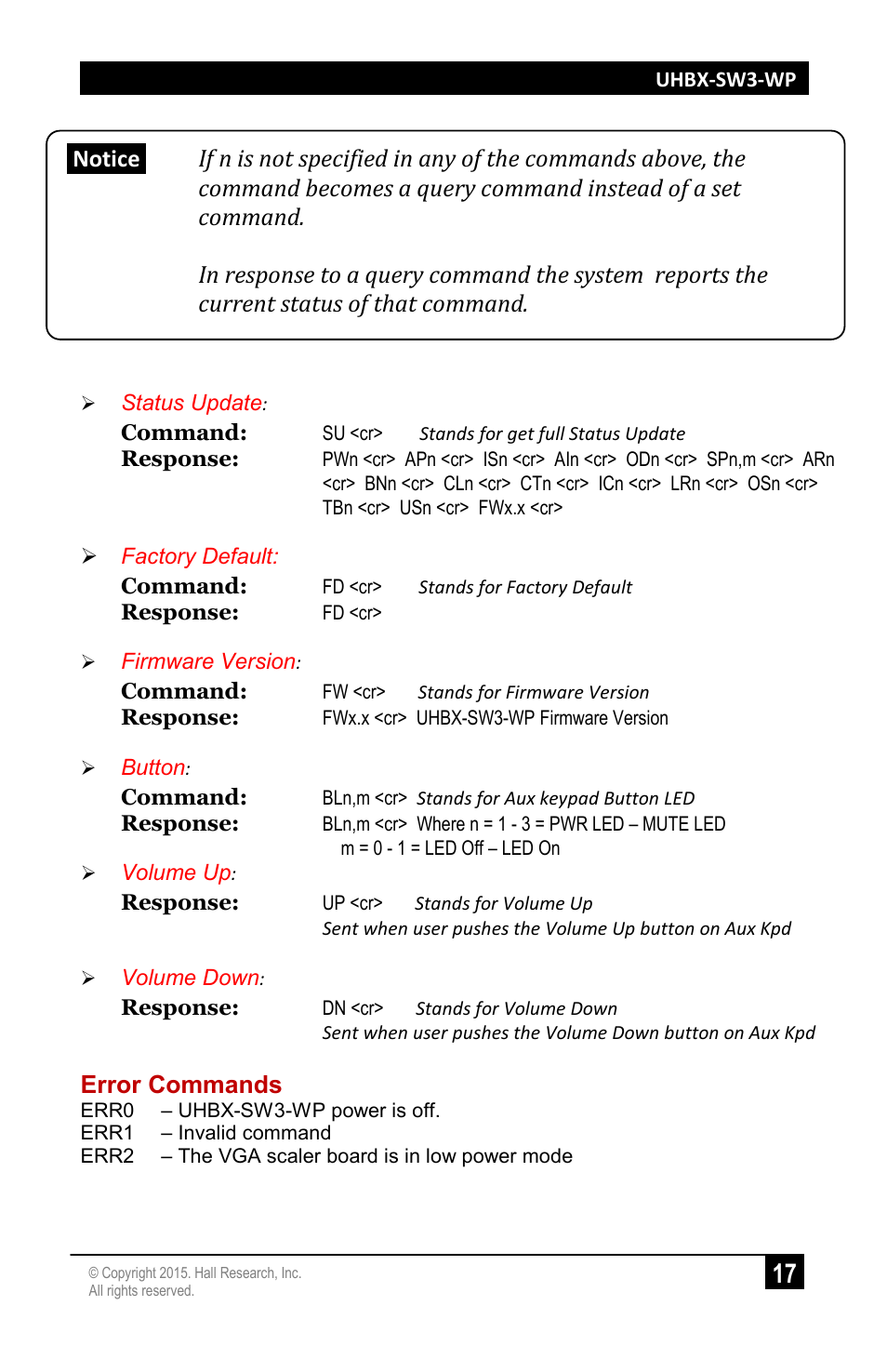 Error commands | Hall Research UHBX-SW3-WP User Manual | Page 19 / 20