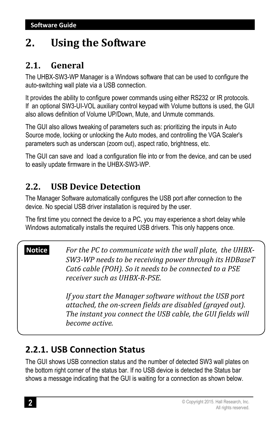 Using the software, General, Usb device detection | Usb connection status | Hall Research UHBX-SW3-WP User Manual | Page 4 / 20