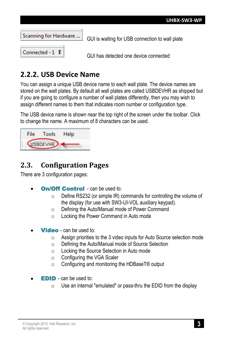 Usb device name, Configuration pages | Hall Research UHBX-SW3-WP User Manual | Page 5 / 20
