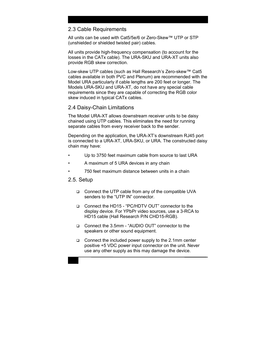 3 cable requirements, 4 daisy-chain limitations, Setup | Hall Research URA-XT User Manual | Page 8 / 20