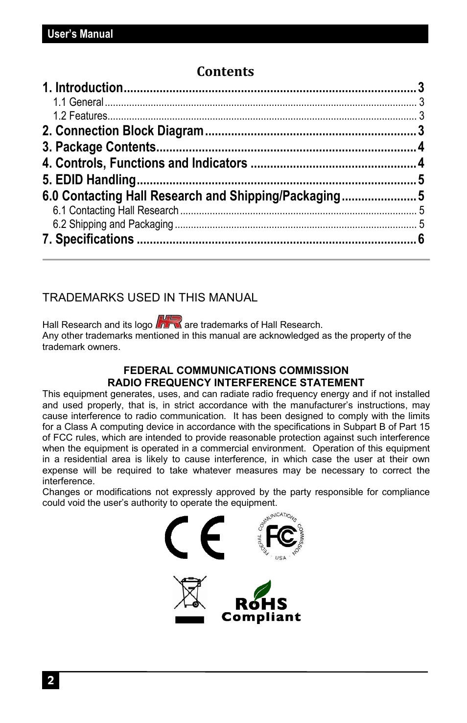 Contents 1. introduction, Connection block diagram, Package contents | Controls, functions and indicators, Edid handling, 0 contacting hall research and shipping/packaging, Specifications | Hall Research SP-HD-4A User Manual | Page 2 / 8
