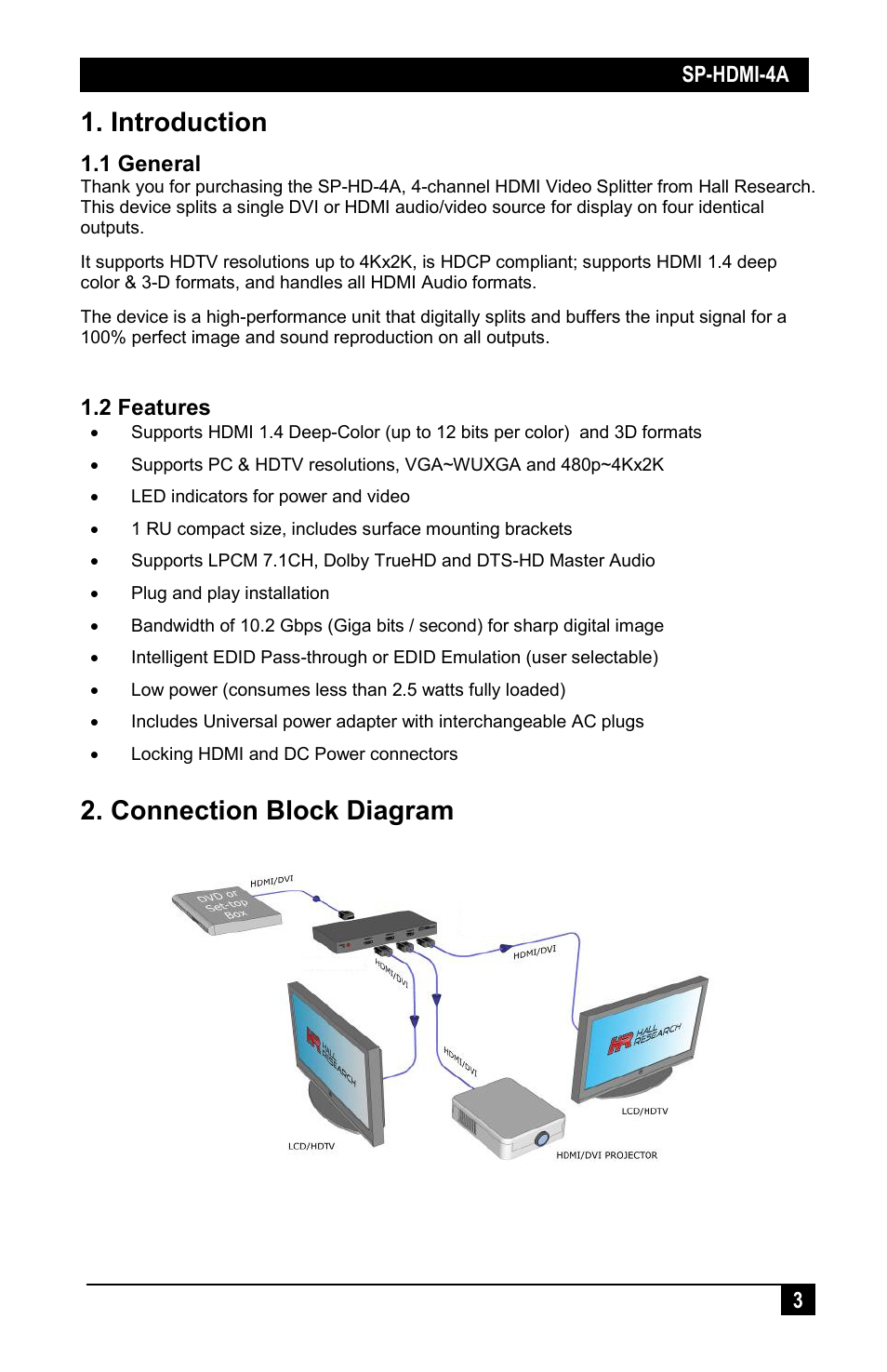 Introduction, 1 general, 2 features | Connection block diagram | Hall Research SP-HD-4A User Manual | Page 3 / 8