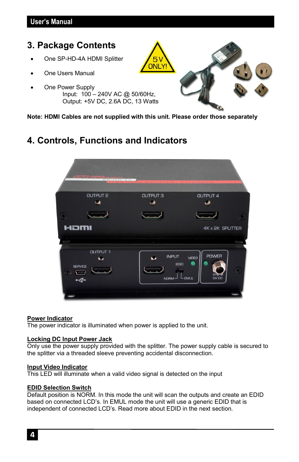 Package contents, Controls, functions and indicators | Hall Research SP-HD-4A User Manual | Page 4 / 8